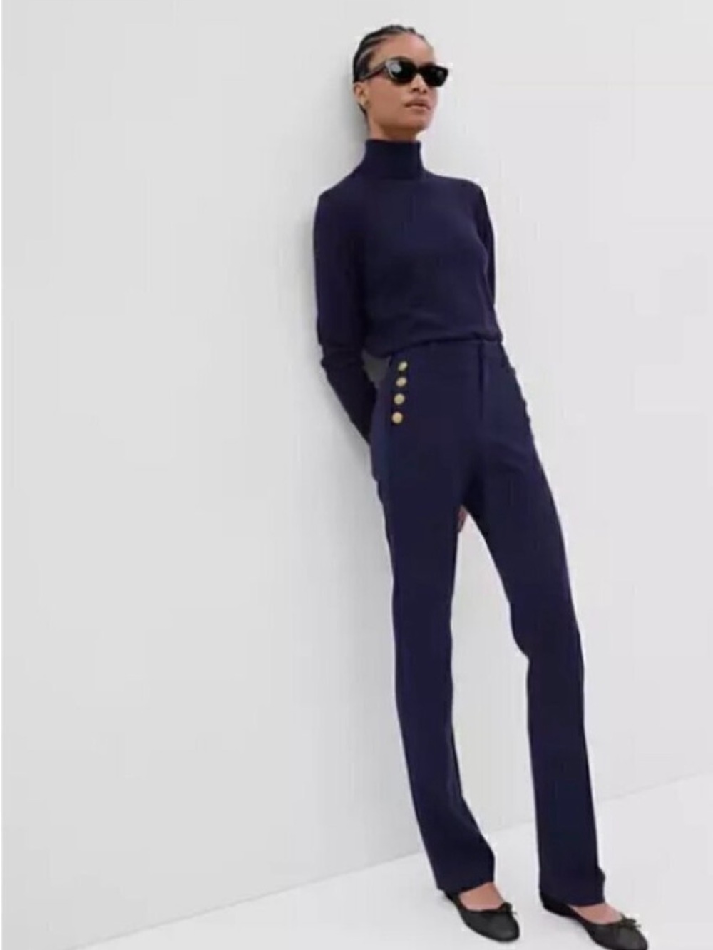GAP Navy High-Rise Boot Leg Pants with Gold Buttons